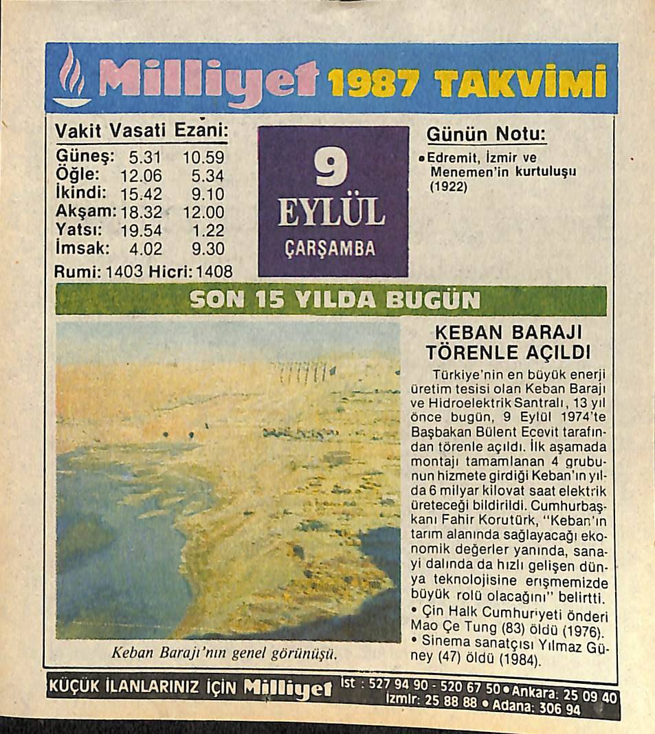 9 Eylül 1987 Takvim Yaprağı - Doğum Günü Hediyesi EFMN14126 - 1