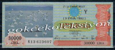 9 Eylül 1992 Yarım Bilet PYB2702 - 1