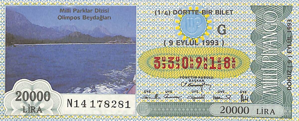 9 Eylül 1993 Piyango Bileti Dörtte Bir Bilet PYB6544 - 1