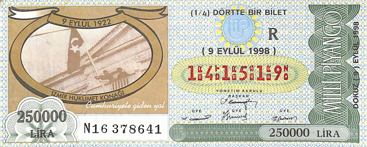 9 Eylül 1998 Piyango Bileti Dörtte Bir Bilet PYB6529 - 1