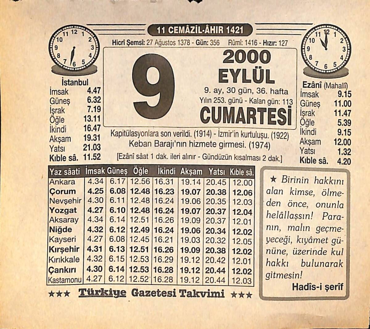9 Eylül 2000 Takvim Yaprağı - Doğum Günü Hediyesi EFMN14251 - 1