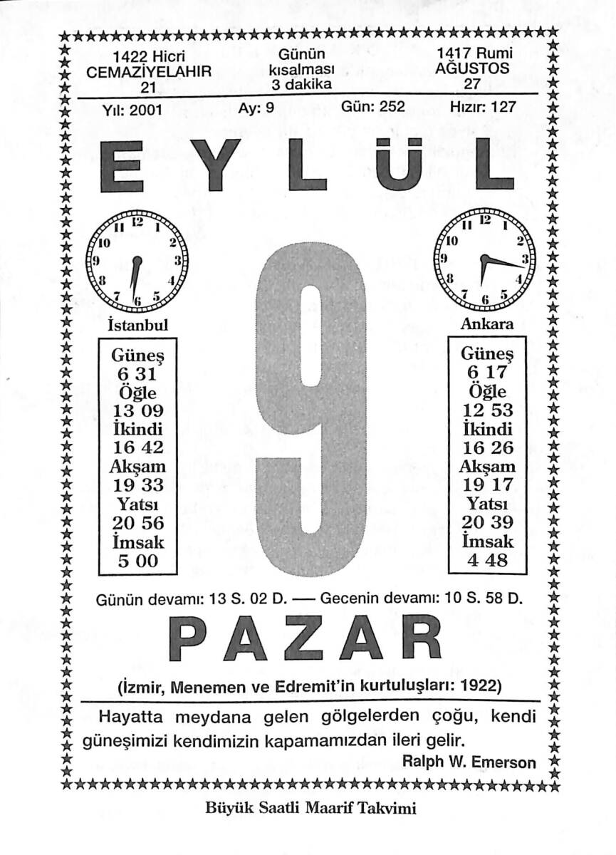 9 Eylül 2001 Takvim Yaprağı - Doğum Günü Hediyesi EFMN14190 - 1