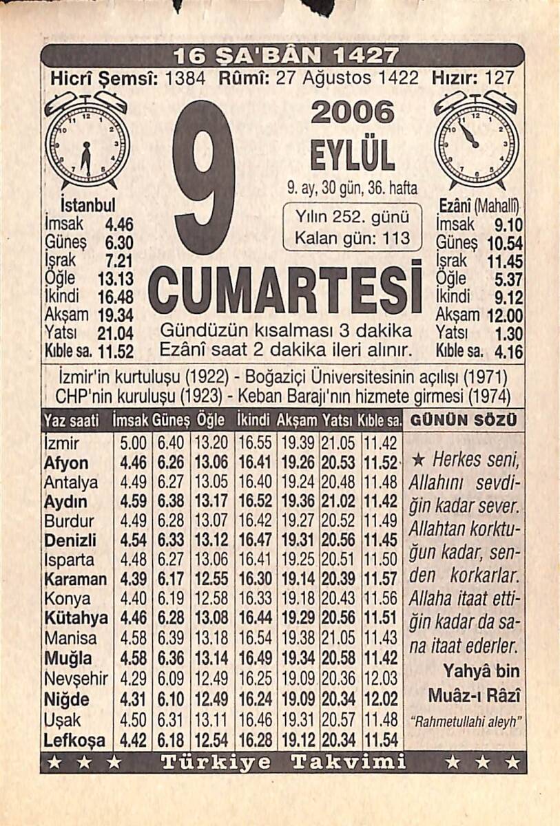 9 Eylül 2006 Takvim Yaprağı - Doğum Günü Hediyesi EFMN15843 - 1