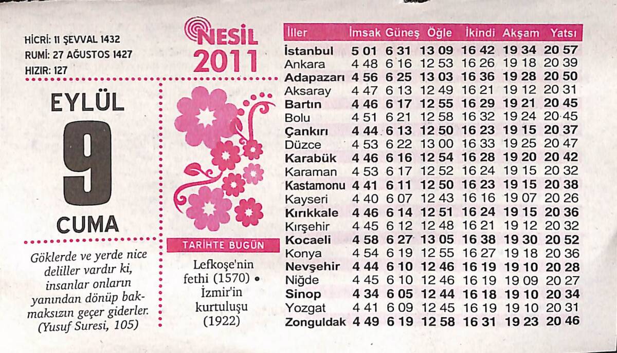 9 Eylül 2011 Takvim Yaprağı - Doğum Günü Hediyesi EFMN14355 - 1