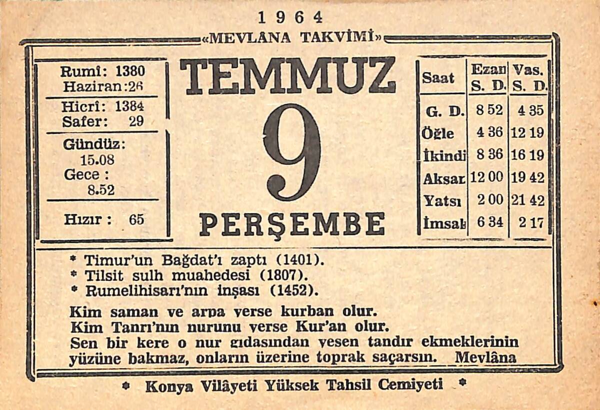 9 Haziran 1964 Takvim Yaprağı - Doğum Günü Hediyesi EFMN15563 - 1