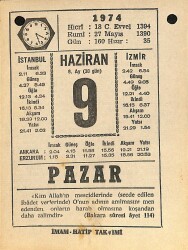 9 Haziran 1974 Takvim Yaprağı - Doğum Günü Hediyesi EFM(N)11966 - Gökçekoleksiyon
