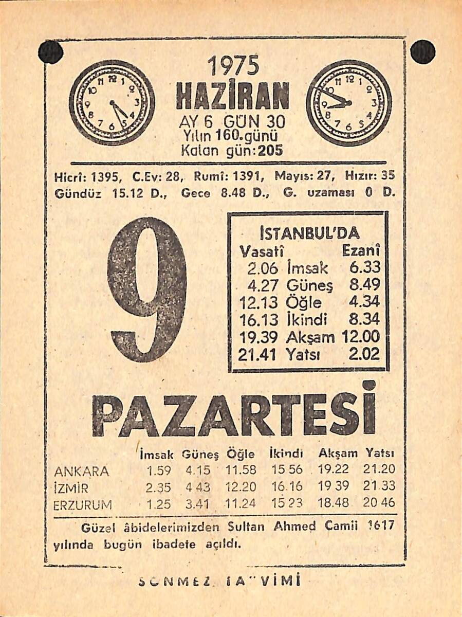 9 Haziran 1975 Takvim Yaprağı - Doğum Günü Hediyesi EFMN15422 - 1