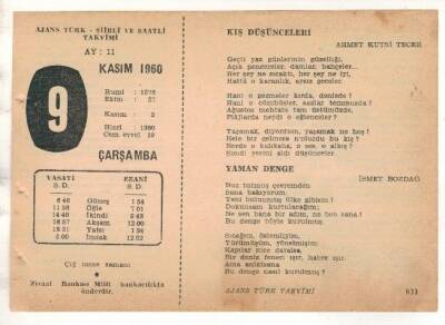 9 Kasım 1960 Ajans Türk Takvim Yaprağı (Şiirli Saatli) EFM(N) 1775 - 4