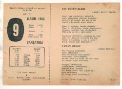 9 Kasım 1960 Ajans Türk Takvim Yaprağı (Şiirli Saatli) EFM(N) 1775 - 3