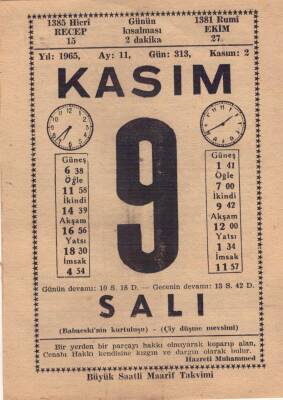 9 Kasım 1965 Takvim Yaprağı EFM(N)3667 - 2