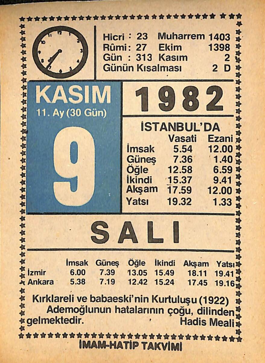 9 Kasım 1982 Takvim Yaprağı - Doğum Günü Hediyesi EFMN15982 - 1