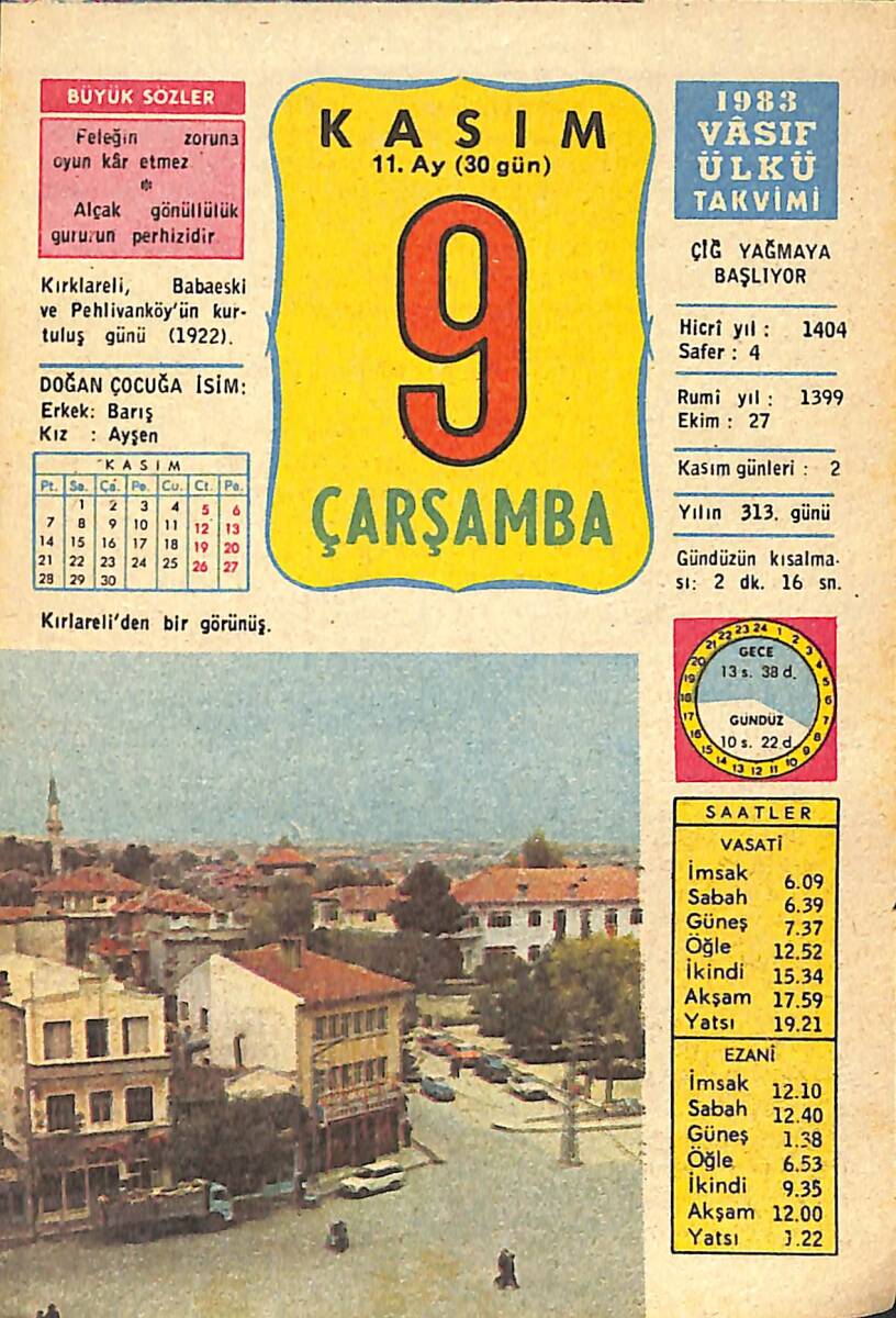 9 Kasım 1983 Takvim Yaprağı - Doğum Günü Hediyesi EFMN14712 - 1