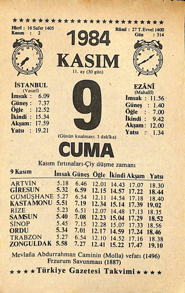9 Kasım 1984 Takvim Yaprağı - Doğum Günü Hediyesi EFMN14543 - 1