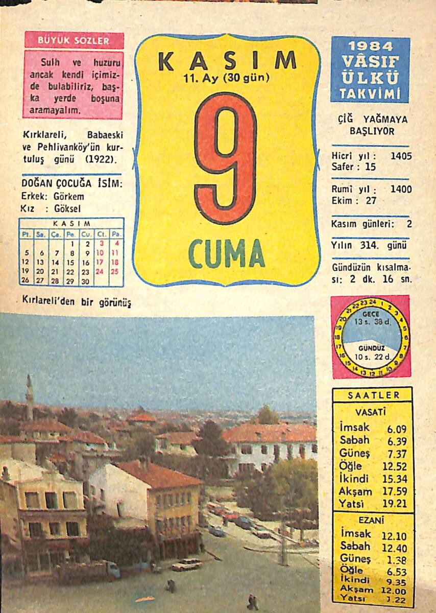 9 Kasım 1984 Takvim Yaprağı - Doğum Günü Hediyesi EFMN14801 - 1