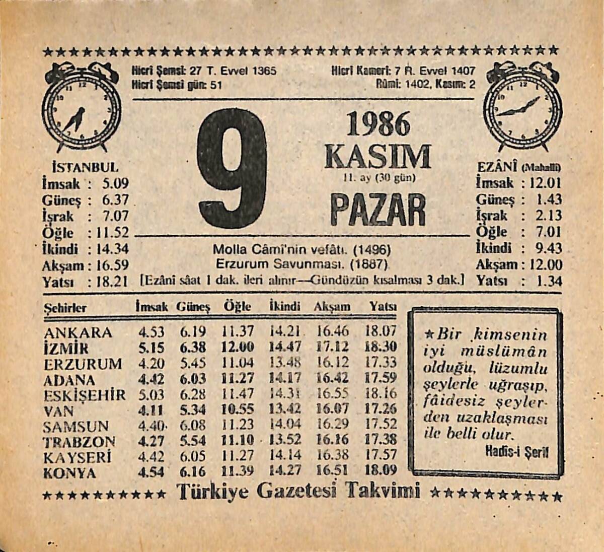 9 Kasım 1986 Takvim Yaprağı - Doğum Günü Hediyesi EFMN14893 - 1