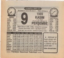 9 Kasım 1989 Takvim Yaprağı EFM(N)3469 - Gökçekoleksiyon