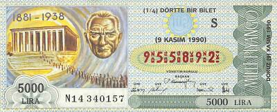 9 Kasım 1990 Piyango Bileti Çeyrek Bilet PYB6018 - 1