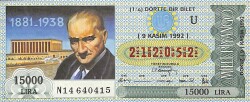 9 Kasım 1992 Çeyrek Bilet PYB4311 - Gökçekoleksiyon