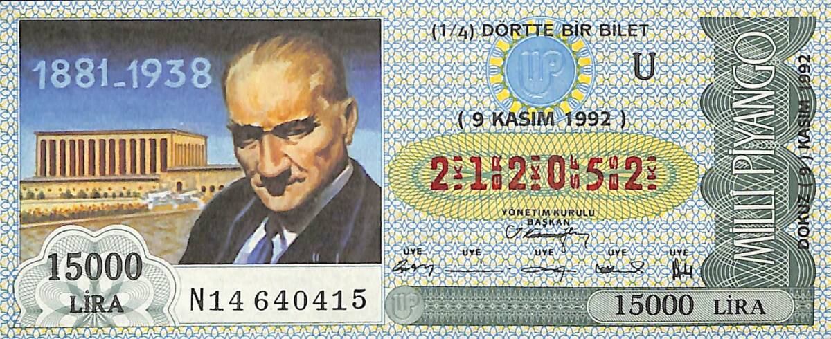 9 Kasım 1992 Çeyrek Bilet PYB4311 - 1