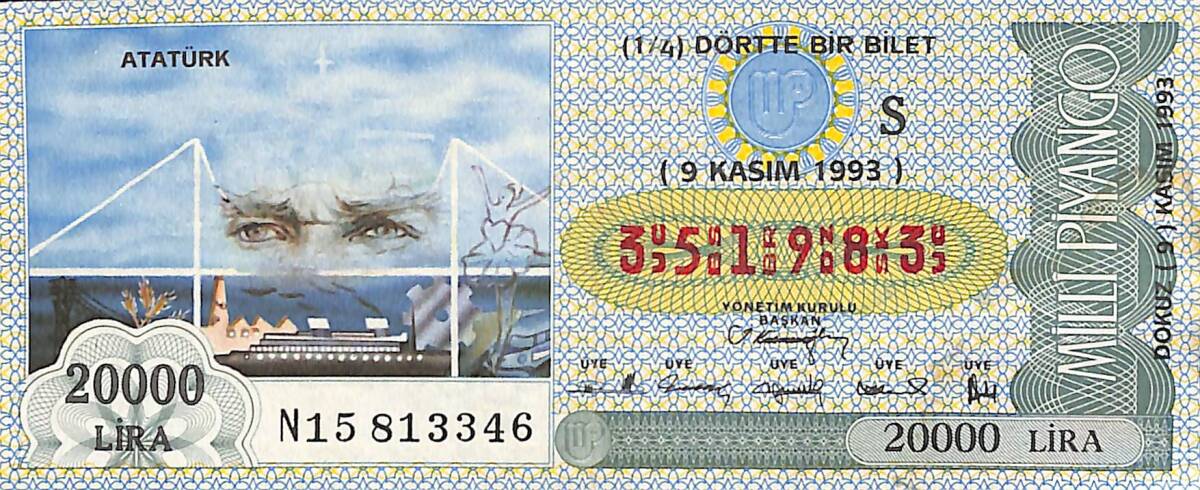 9 Kasım 1993 Piyango Bileti Dörtte Bir Bilet PYB6593 - 1
