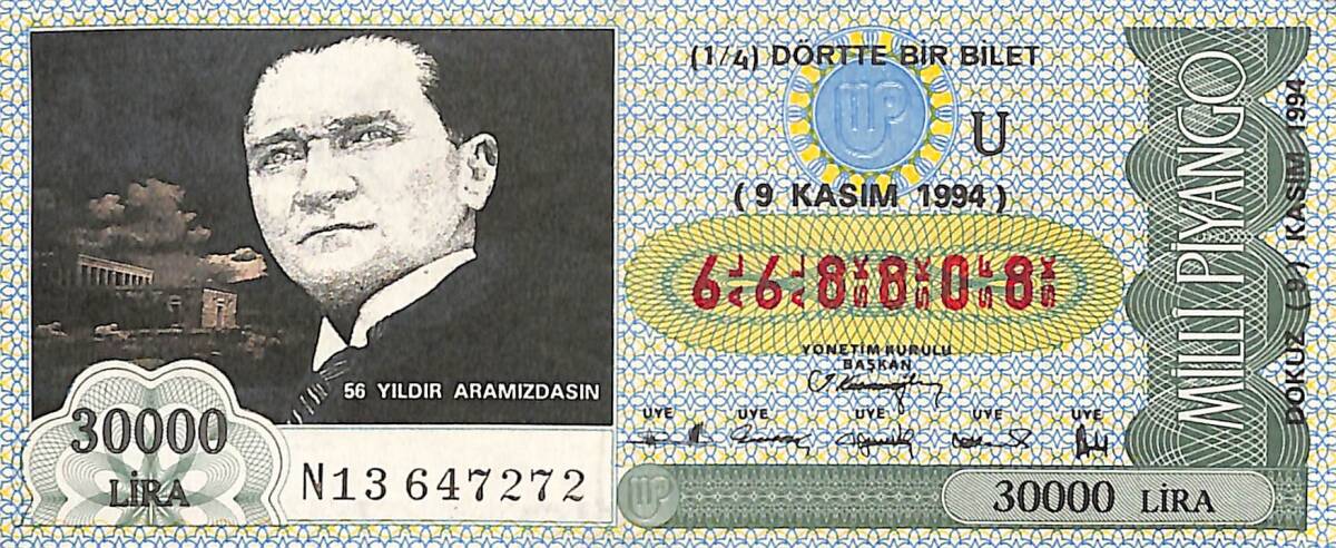 9 Kasım 1994 Piyango Bileti Dörtte Bir Bilet PYB6596 - 1