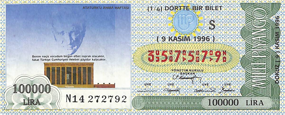 9 Kasım 1996 Piyango Bileti Dörtte Bir Bilet PYB6836 - 1