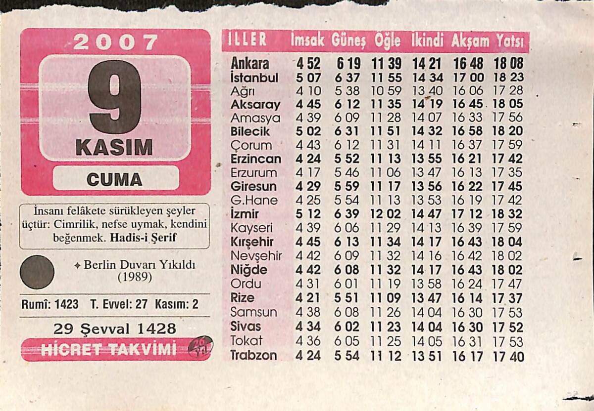9 Kasım 2007 Takvim Yaprağı - Doğum Günü Hediyesi EFMN16012 - 1