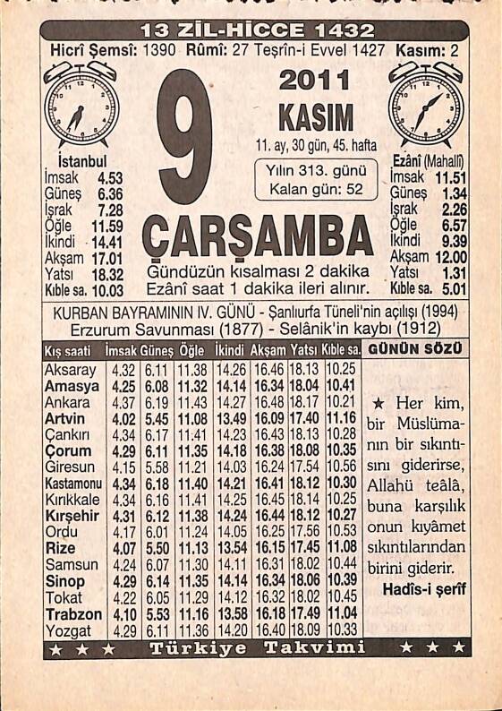 9 Kasım 2011 Takvim Yaprağı - Doğum Günü Hediyesi EFMN15280 - 1