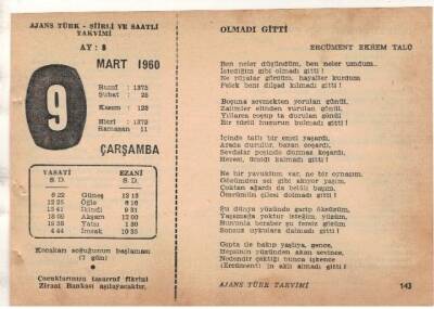 9 Mart 1960 Ajans Türk Takvim Yaprağı (Şiirli Saatli) EFM(N)1536 - 1
