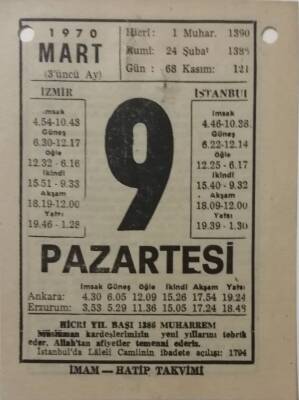 9 Mart 1970 Takvim Yaprağı - Doğum Günü Hediyesi EFM(N)7953 - 1