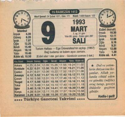 9 Mart 1993 Takvim Yaprağı EFM(N)6041 - 3