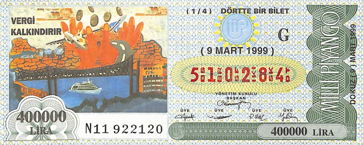 9 Mart 1999 Piyango Bileti Dörtte Bir Bilet PYB6517 - 1