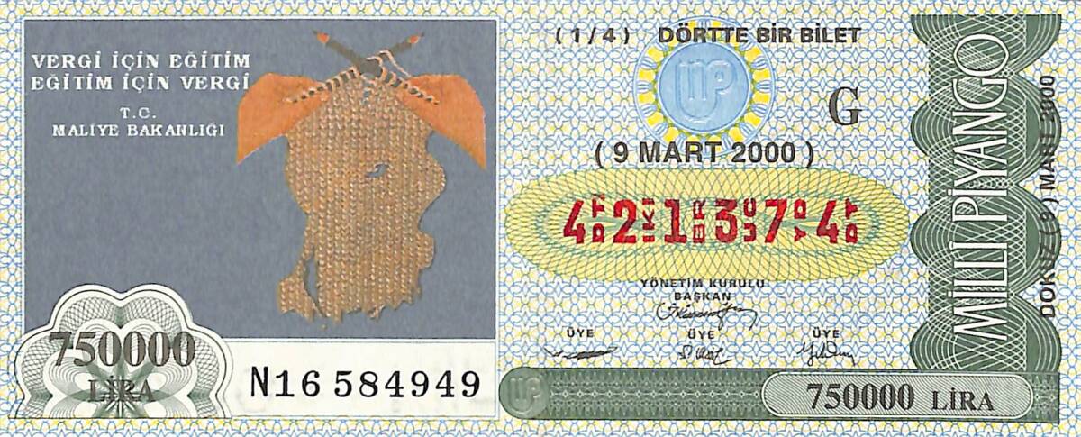 9 Mart 2000 Piyango Bileti Dörtte Bir Bilet PYB6568 - 1