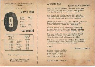 9 Mayıs 1960 Ajans Türk Takvim Yaprağı (Şiirli Saatli) EFM(N)1596 - 2