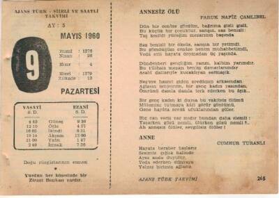 9 Mayıs 1960 Ajans Türk Takvim Yaprağı (Şiirli Saatli) EFM(N)1596 - 1