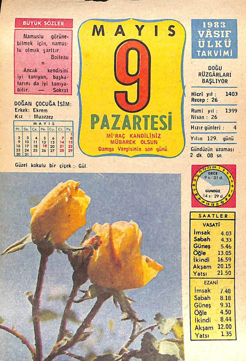 9 Mayıs 1983 Takvim Yaprağı - Doğum Günü Hediyesi EFMN15123 - 1