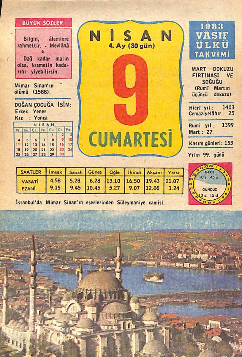 9 Nisan 1983 Takvim Yaprağı - Doğum Günü Hediyesi EFMN15151 - 1