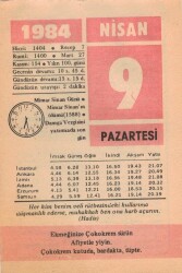 9 Nisan 1984 Takvim Yaprağı EFM(N)6192 - Gökçekoleksiyon