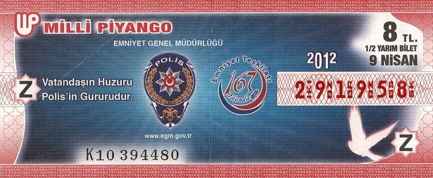 9 Nisan 2012 (Z) Emniyet Teşkilatı 167 Yaşında (12) Yarım Bilet PYB5793 - 1