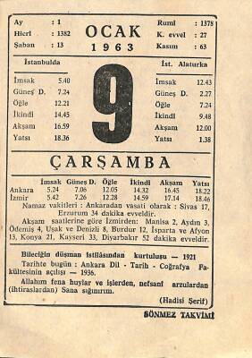 9 Ocak 1963 Takvim Yaprağı - Doğum Günü Hediyesi EFM(N)11248 - 1