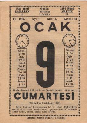 9 Ocak 1965 Takvim Yaprağı EFM(N)4508 - 1