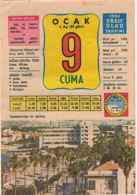 9 Ocak 1981 Takvim Yaprağı EFM(N)2733 - 3