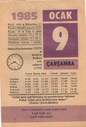 9 Ocak 1985 Takvim Yaprağı EFM(N)4779 - Gökçekoleksiyon