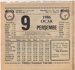 9 Ocak 1986 Takvim Yaprağı EFM(N)5027 - Gökçekoleksiyon