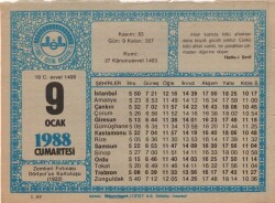 9 Ocak 1988 Takvim Yaprağı EFM(N)4903 - Gökçekoleksiyon