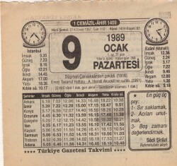 9 Ocak 1989 Takvim Yaprağı EFM(N)4717 - Gökçekoleksiyon