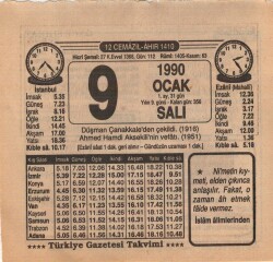 9 Ocak 1990 Takvim Yaprağı EFM(N)4686 - Gökçekoleksiyon