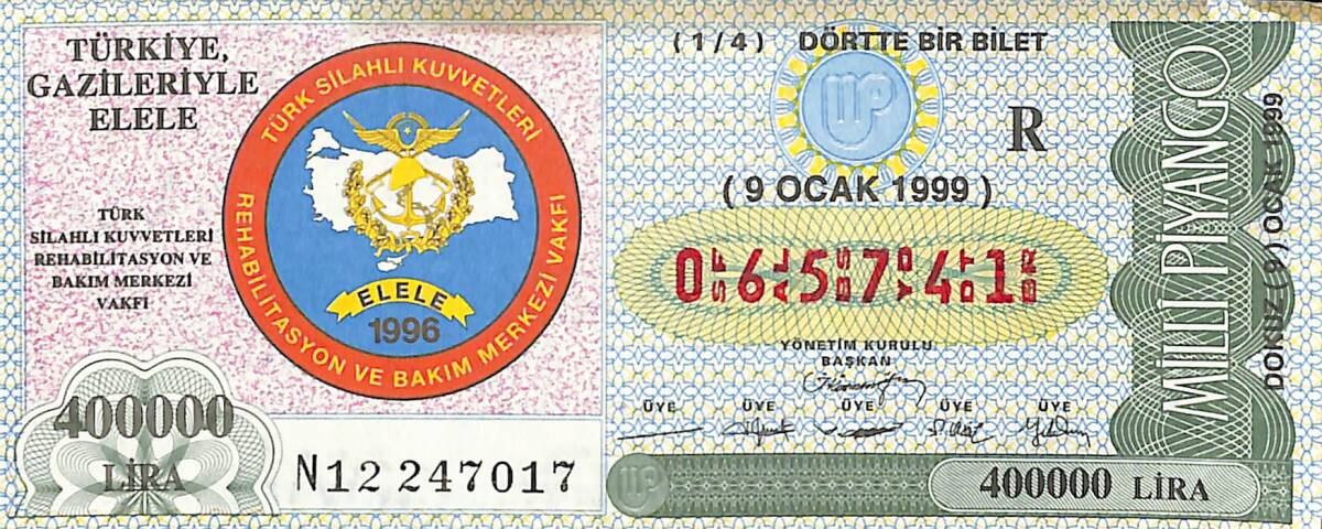 9 Ocak 1999 Piyango Bileti Dörtte Bir Bilet PYB6579 - 1