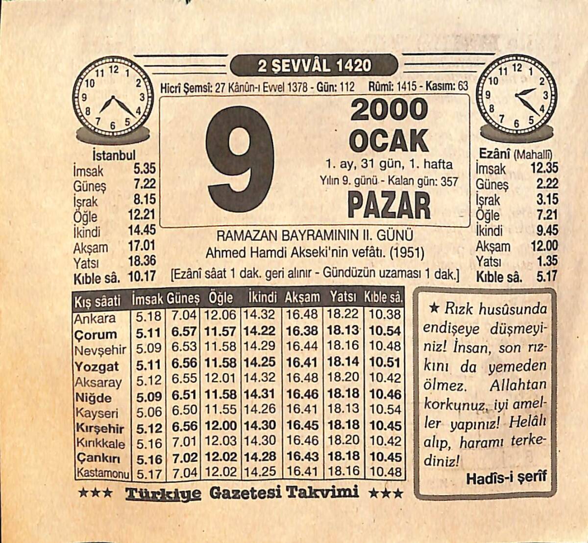 9 Ocak 2000 Takvim Yaprağı - Doğum Günü Hediyesi EFM(N)13195 - 1