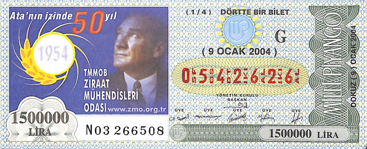 9 Ocak 2004 Piyango Bileti Dörtte Bir Bilet PYB6649 - 1